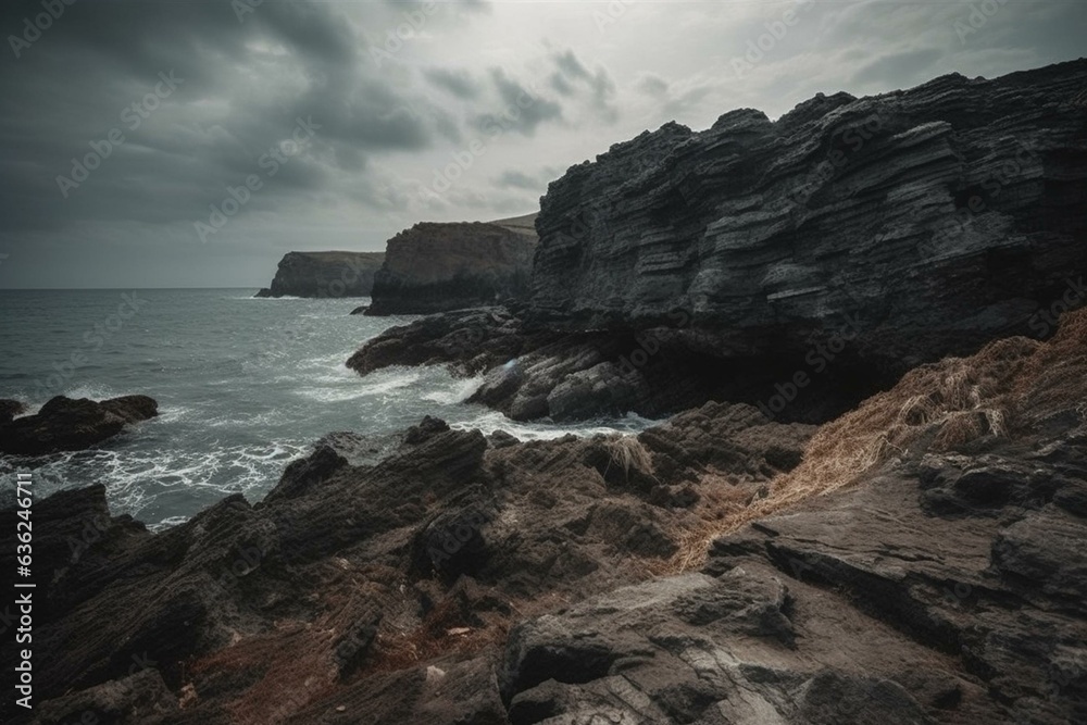 Seaside with jagged cliffs, cloudy sky. Generative AI