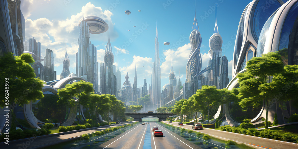 Futuristic cityscape, highway view with electric cars, densely planted trees and greenery, future city with skyscrapers and modern buildings - obrazy, fototapety, plakaty 