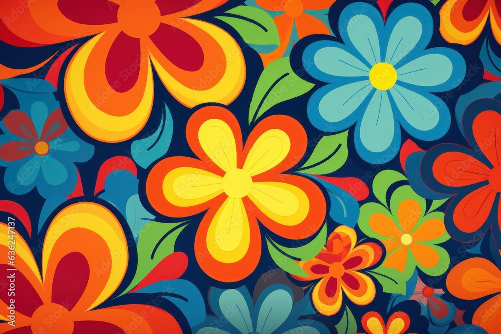 Colorful flower wallpaper, botanical illustration, repeating design, abstract texture. Concept of decorative garden.