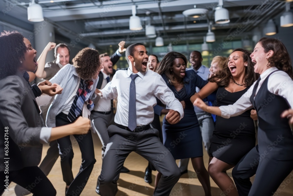 Coworkers dancing, celebrating success at modern corporate event. Concept of teamwork and achievement.