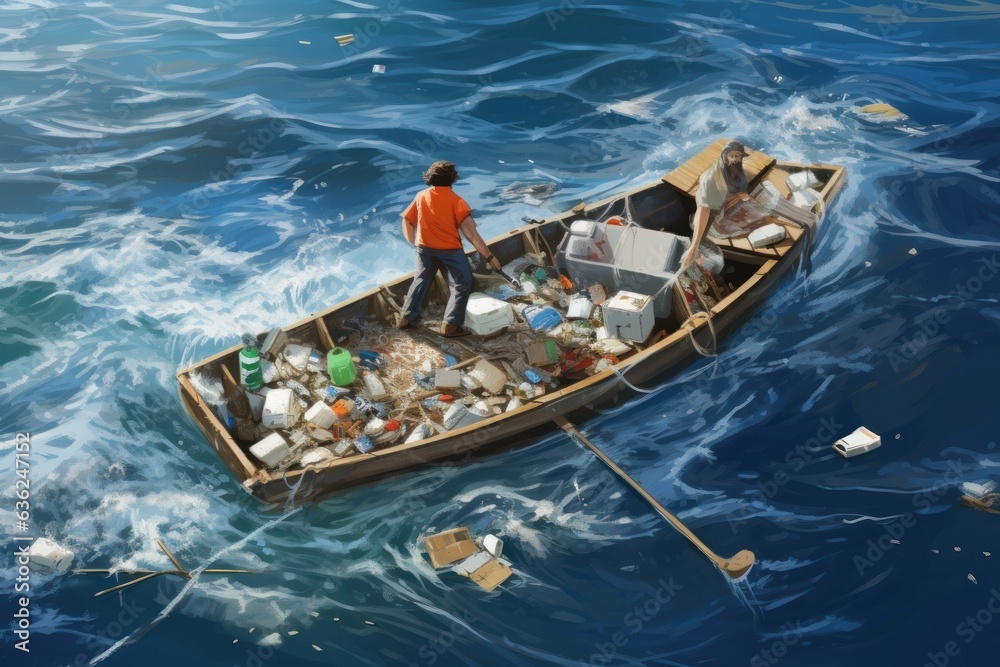 Garbage cleanup by boaters tackling ocean pollution. Concept of environmental responsibility.