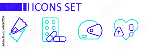 Set line Heart rate, Racing helmet, Sports doping with dumbbell and Flippers for swimming icon. Vector