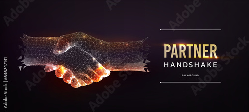 Partnership hand shake. Gold partner acquisition. Trust and cooperation. Digital business tech banner. 3D arms touch. Handshaking gesture. Glowing polygons. Vector abstract exact concept