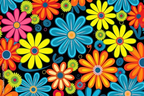 Groovy floral vector pattern  retro design  wildflowers  bright colors. Concept of vibrant summer art.