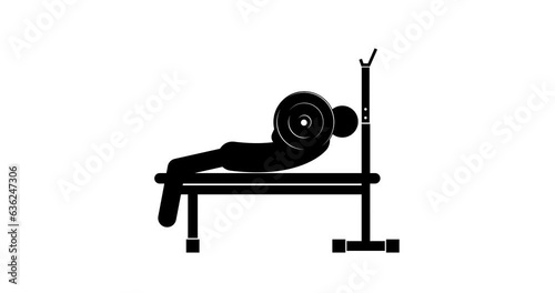 Set of stick figures barbell bench press on a white background, flat 4K animation.
