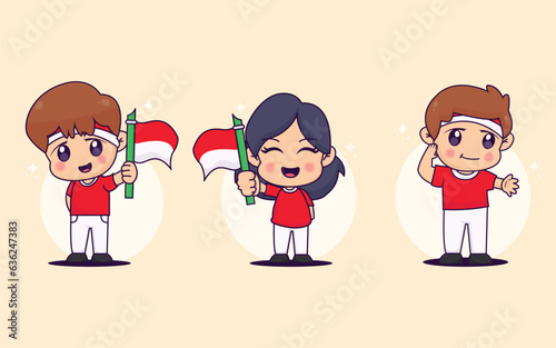 template icon set Happy boy and girl celebrating and holding flag illustration of cute kawaii chibi character on pink background.