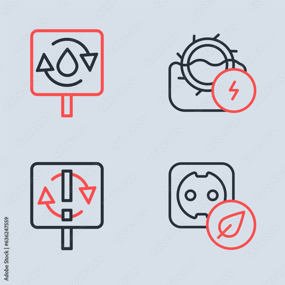 Set line Water mill, Recycle symbol, Electrical outlet and clean aqua icon. Vector Set line Water mill, Recycle symbol, Electrical outlet and clean aqua icon. Vector