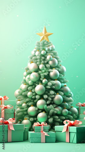 Pastel Christmas tree, gifts and christmas balls