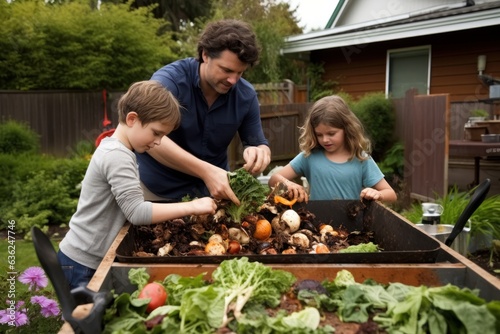 Family composts organic food waste in green backyard environment. Concept of sustainable recycling and gardening.