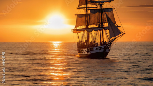 Barque ship in the ocean at sunset. Generative Ai