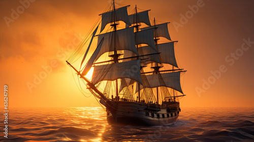 Barque ship in the ocean at sunset. Generative Ai