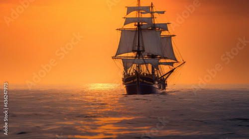 Barque ship in the ocean at sunset. Generative Ai