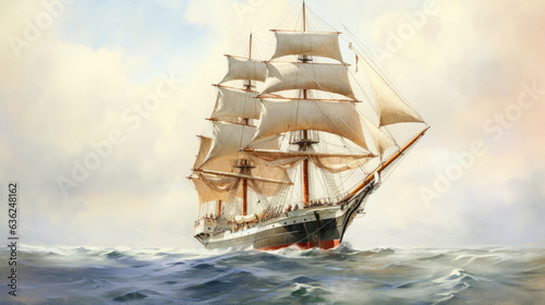 Barque ship painted in the ocean by watercolor. Generative Ai