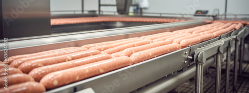 Sausage on the assembly line in production. Banner. Conceptual production line of a meat factory. Generative AI