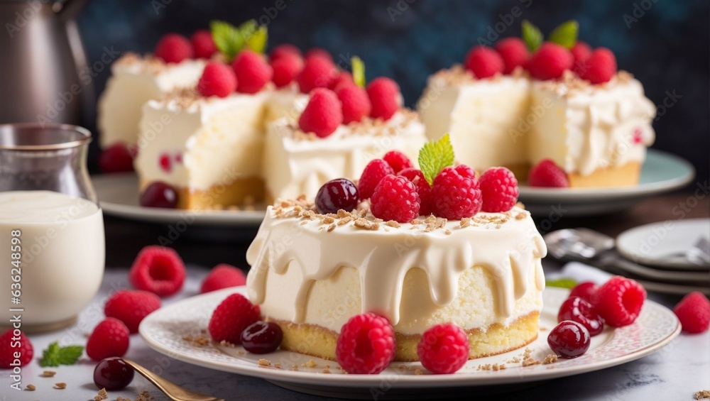 Delicious decadent Tres Leches milk cake with cream and vanilla frosting. Fruit raspberries and cherries topping.