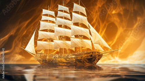 Golden barque ship with square sails on luxury abstract wave art background in gold line art style. Generative Ai