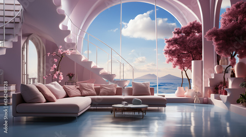 Futuristic home penthouse interior with cozy sofa and stairs. Future house