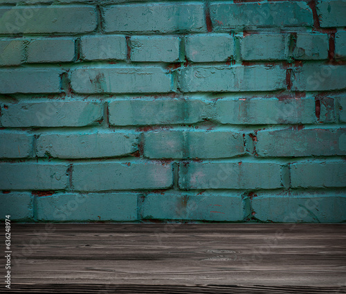 Stone brick walls and wooden floor for mock up. Rustic old wooden planks, shelf or table surface. Empty room background for product displaing and copy space for text photo