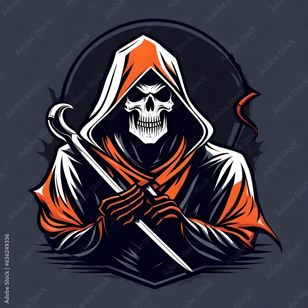 A logo for a business or sports team featuring the grim reaper death skeleton that is suitable for a t-shirt graphic. 