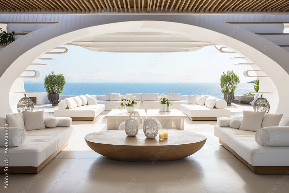 Luxurious, large and spacious lounge, blue ocean outside