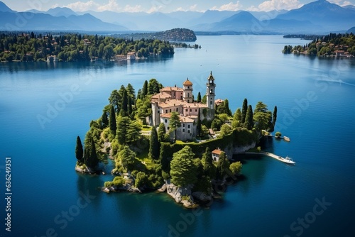 Bird's eye view of Isola Bella, part of Isole Borromee archipelago on Lake Maggiore, Italy. Generative AI
