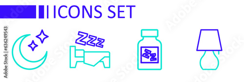 Set line Table lamp, Sleeping pill, Time to sleep and Moon and stars icon. Vector
