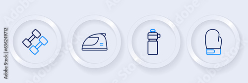 Set line Boxing glove, Fitness shaker, Racing helmet and Dumbbell icon. Vector