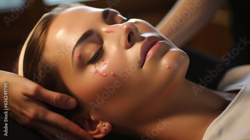 Hands massaging beautiful woman's face at spa salon.