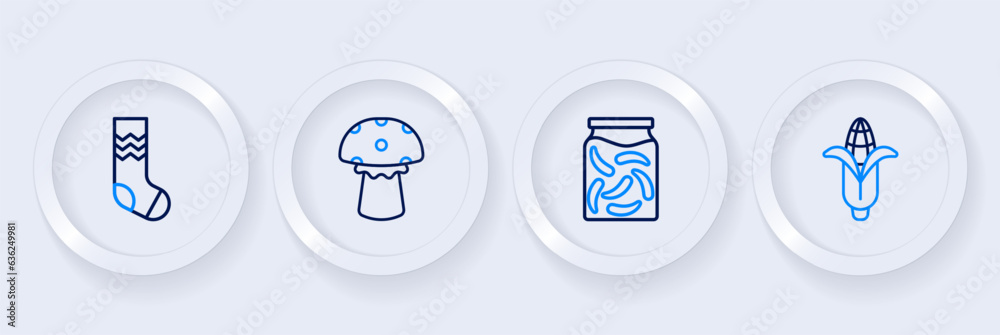 Set line Corn, Pickled cucumbers in a jar, Mushroom and Socks icon. Vector Set line Corn, Pickled cucumbers in a jar, Mushroom and Socks icon. Vector