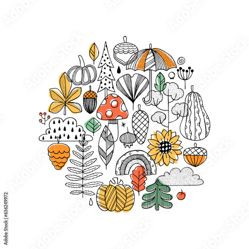 Autumn round composition. Linear graphic. Nature elements background. Scandinavian cute style.