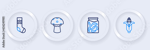 Set line Corn, Pickled cucumbers in a jar, Mushroom and Socks icon. Vector