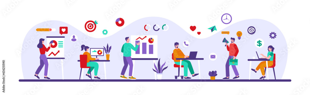 Computer work. Office community. Marketing managers team. Persons with laptop and tasks. Employee presenting project infographic at whiteboard. Business characters. Vector illustration Computer work. Office community. Marketing managers team. Persons with laptop and tasks. Employee presenting project infographic at whiteboard. Business characters. Vector illustration