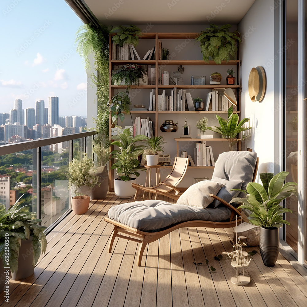 a balcony in a modern apartment, decorated with a bookshelf, plants, a relaxing chair, a couple is sitting and relaxing
