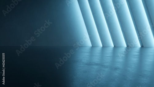 Fototapeta Naklejka Na Ścianę i Meble -  3d rendering of dark abstract architecture and neon light with empty concrete floor.