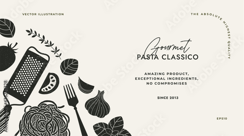 Italian pasta with tomatoes and basil. Textured silhouette illustration. Italian food horizontal background. 
