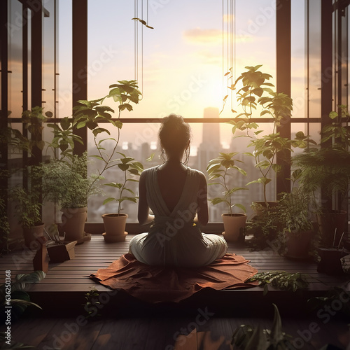 an Asian girl is doing yoga on a balcony  decorated with plants and flowers  in the sunrise