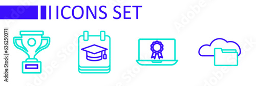 Set line Cloud or online library, Online education with diploma, and Award cup icon. Vector