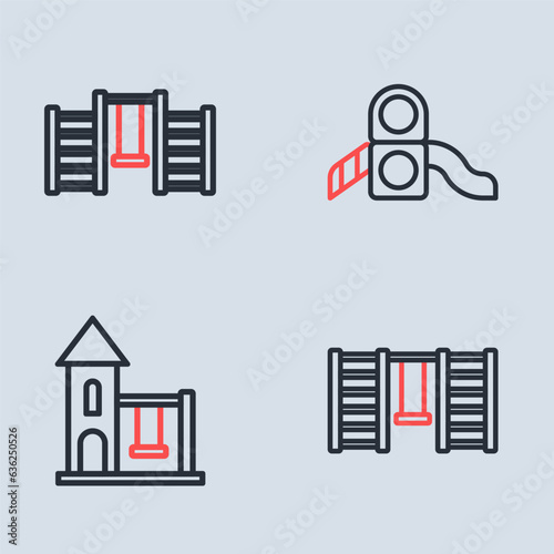 Set line Slide playground, Swing for kids, Swedish wall and icon. Vector
