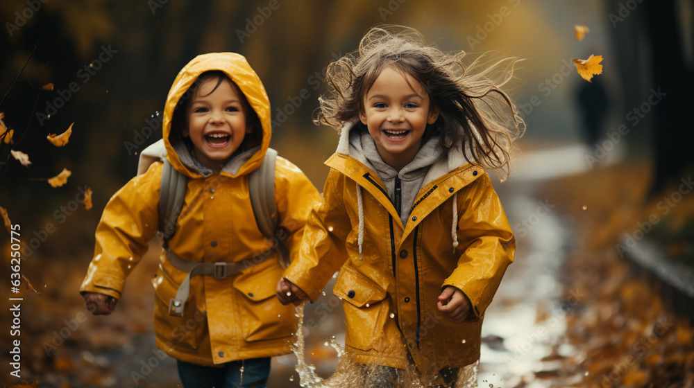 Happy smiling children in yellow raincoat. Happy smiling children in yellow raincoat.