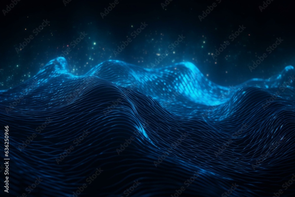 A glowing blue backdrop with abstract patterns resembling gravitational waves. Generative AI A glowing blue backdrop with abstract patterns resembling gravitational waves. Generative AI