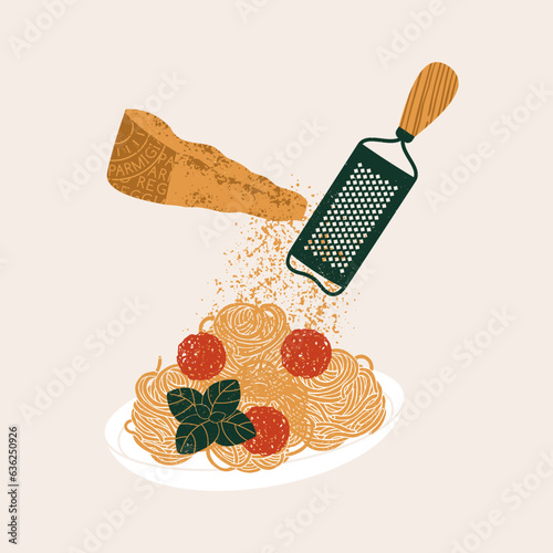 Parmesan and pasta with meatballs and basil. Textured illustration. Italian food.