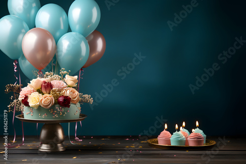 birthday party balloons, colourful balloons background and birthday cake with candles 