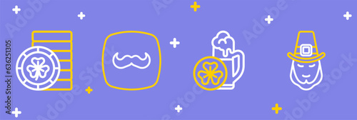 Set line Leprechaun, Glass of beer, Mustache and Golden leprechaun coin icon. Vector