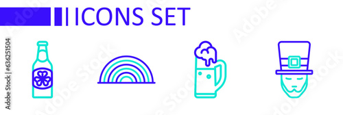Set line Leprechaun, Glass of beer, Rainbow and Beer bottle with clover icon. Vector