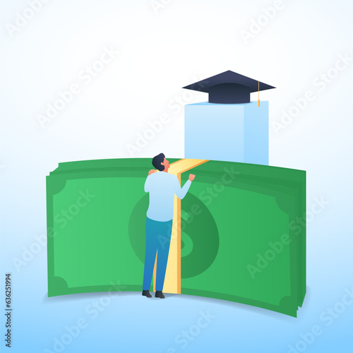 people peering through piles of cash at the graduation cap the metaphor of high tuition fees.