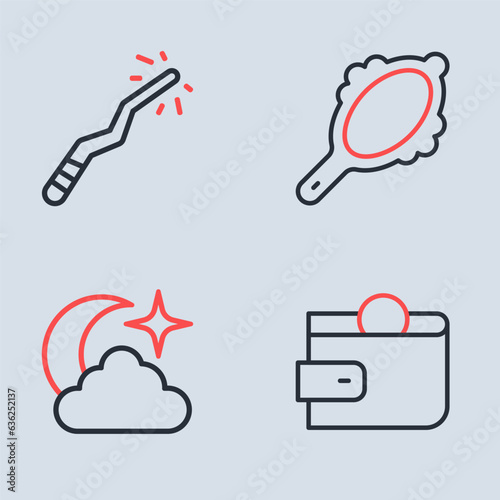 Set line Magic hand mirror, Moon stars, Wallet and wand icon. Vector