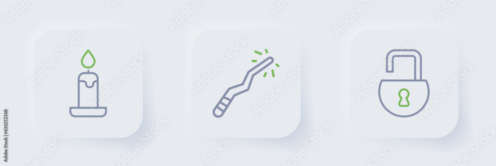 Set line Open padlock, Magic wand and Burning candle icon. Vector Set line Open padlock, Magic wand and Burning candle icon. Vector