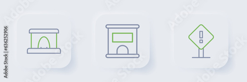 Set line Exclamation mark in square, Ticket office to buy tickets and Railway tunnel icon. Vector