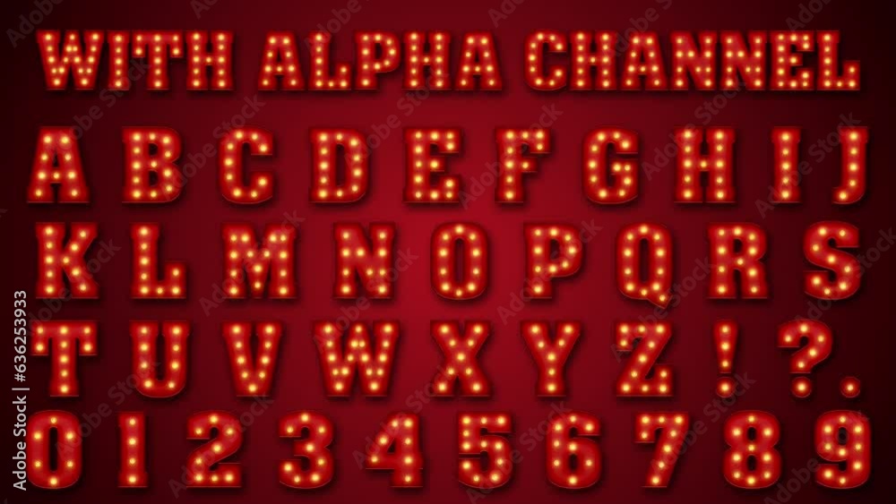 Looped broadway style retro light bulb font. Vintage alphabet letters and numbers. Isolated with alpha channel. Circus show signboard or casino gambling title or logo. Night club event promo. ProRes