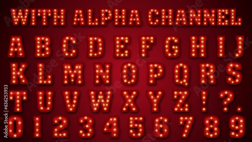 Looped broadway style retro light bulb font. Vintage alphabet letters and numbers. Isolated with alpha channel. Circus show signboard or casino gambling title or logo. Night club event promo. ProRes